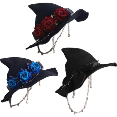 Halloween Headwear with Rose Decoration Hats in Darky Gothic Style Lolita Costumes Rose Decorated Witch Hat