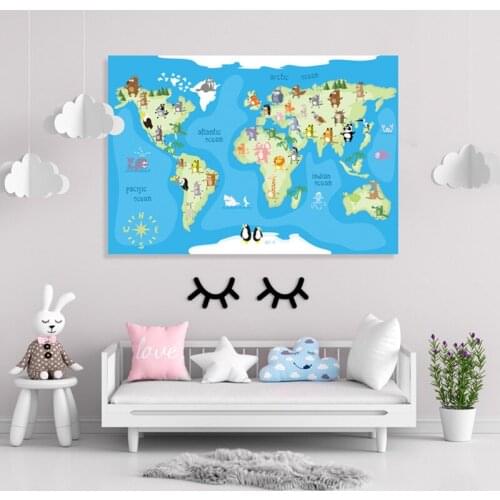 Colorful Animal Educational Kids Home Room Cartoon World Map Decoration Poster Nursery Art Canvas Wall Hanging Painting Picture