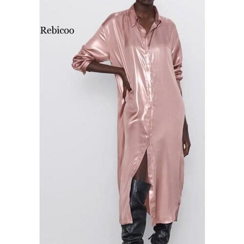Pink T Shirt Dress Satin Vintage Straight Long Sleeve Ropa Vestido Longo robe femme Sexy Maxi Female Runway Blazer Dresses