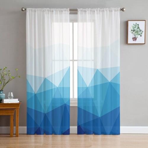 Triangle Block Blue Gradient Tulle Sheer Window Curtains for Living Room Kitchen Children Bedroom Voile Hanging Curtain