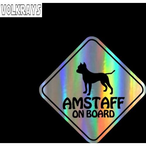 Volkrays Funny Car Sticker Amstaff on Board Pet Dog Decal Waterproof Decal Accessories Laser/black/white Vinyl,15cm*15cm