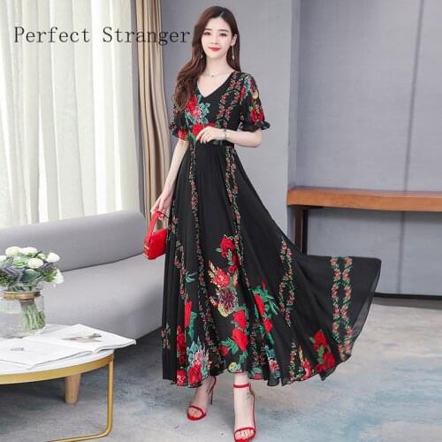 2020 Summer New Arrival Plus Size S-4XL V Collar Short Sleeve Flower Printed Women Chiffon Long Dress