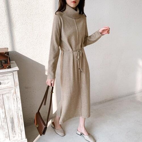 2020 New Autumn Dresses Women Solid Turtleneck Loose Drawstring Split Knitted Long Dress Korean Elegant Pullovers Midi Vestido