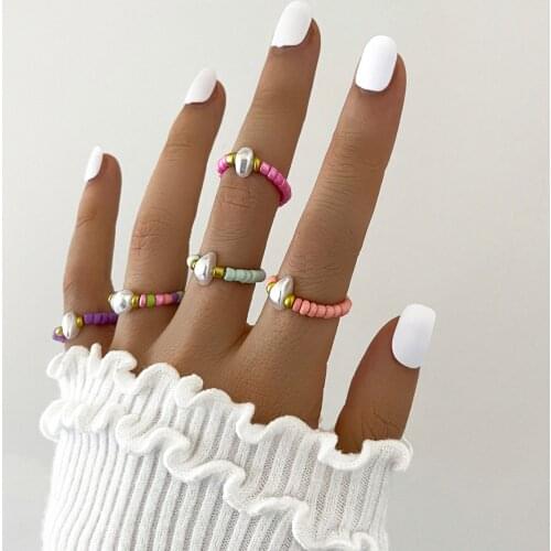 5 Pcs/ Set Bohemian Fashion Cute Small Colorful Beads Ring for Women Pearl Rings Set Party Jewelry Gifts Adjustable Rings