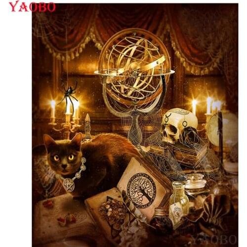 5D DIY Diamond Painting Skull Black cat magical Diamond Embroidery Cross Stitch Full Square Rhinestones Decoration Halloween