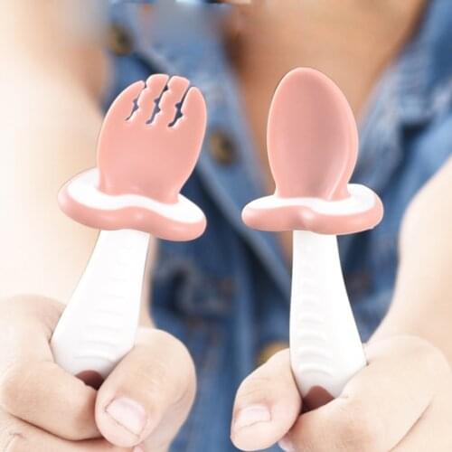 2Pcs/Set Baby Training Soft Head Spoon and Fork Short Handle Kids Spoon Fork Set BPA Free