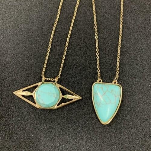 FYJS Unique Light Yellow Gold Color Geometric Shape Green Turquoises Stone Pendant Necklace Link Chain Jewelry