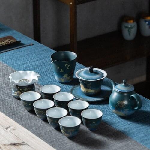 Ink Porcelain Lu Sen Ceramic Tea Set Manual Flambe Cover Teacup Set Home Kungfu Tea Set Tea Pot Gaiwan Filter Chahai Tea Tray