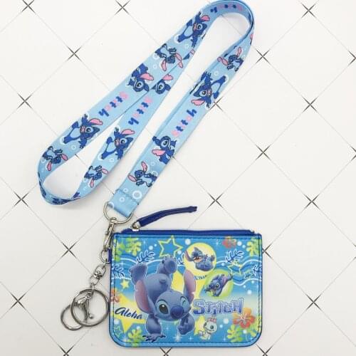 Disney Stitch PU coin purse card holder keychain key lanyard meal card bus card case coin bag Mickey mouse Document card bag