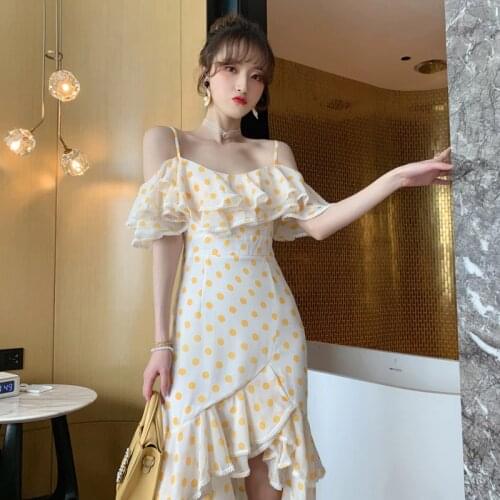 Summer Spaghetti Strap Dot Chiffon Dress Women Bodycon Ruffles Ladies Beach Mermaid Dress Elegant Sexy Party Dresses Vestidos