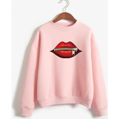 Fashion Womens Casual Red Lip Sweatshirts Long Sleeve Hooded 2020 Vintage Creativity zipper Lips Pullovers Warm Hoodies Women