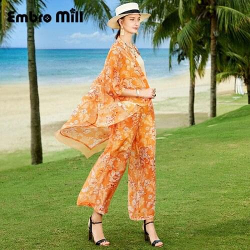 Summer Womens New Mid-Length Printed Shirt Coat + With High Waist Drape Wide-Leg Pants Elegant Two-Piece Suit S-XL