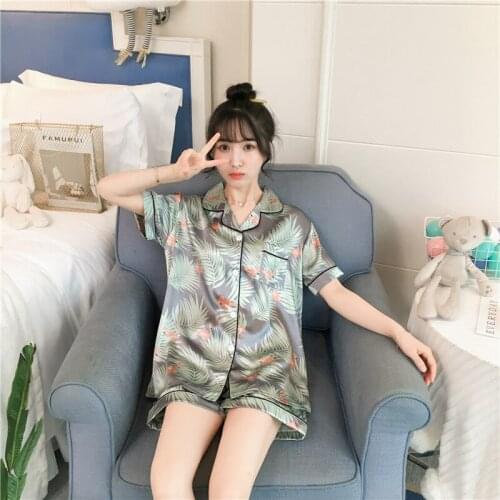 New style fat ice silk pajamas womens summer short sleeve cardigan Lapel two piece household suit can be worn outside