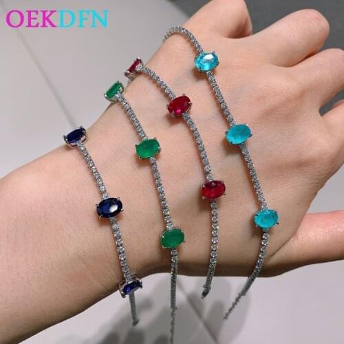 OEKDFN 100% 925 Sterling Silver Bracelets Luxury Paraiba Tourmaline Ruby Gemstone Diamonds Bangle Charm Bracelet Fine Jewelry