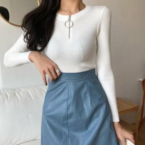 Autumn Casual Round Neck Sweater Women Zipper Long Sleeve Sweaters Slim Bottoming Tops