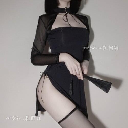 Sexy Lingerie Sleepwear Live Show Bandage Nightclub Uniform Nightgown Devil Retro Side Split Open Cheongsam Dress Chinese Dress