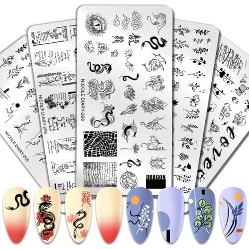 NICOLE DIARY Nail Stamping Plates Dragon Design Flower Animals Nail Art Plate Stainless Steel Stamp Template Stencil Tools