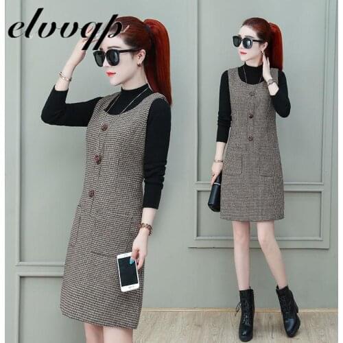 Elegant Sleeveless Woolen Blended Vest Dress High Quality Fashion Pocket New Autumn Winter Office Work Slim Plaid Midi Dresses