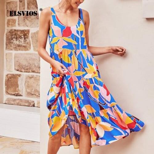 Casual Loose Summer Beach Dress Sexy Sling O-neck Sleeveless Floral Print Cupcake Dress 2021 Fall Women Elegant Dresses Vestidos