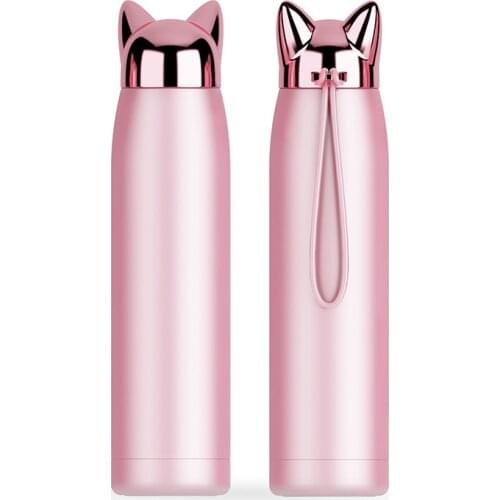 Pink Vacuum Flasks water bottle Double Wall Thermos Bottle Stainless Steel Cute Cat Fox Ear Thermal Coffee Tea Milk Travel Mug