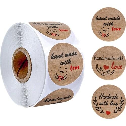 Handmade with Love Stickers Rolls 500 Kraft Labels Scrapbooking Wedding Stickers Adhesive Sticker Round Stationery Labels