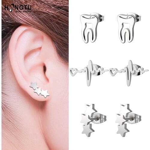 HONGTU 3 Pairs Cute Stainless Steel Stud Earrings for Women ECG Teeth Triple Star Shape Lovely Ear Stud Jewelry Girlfriend Gifts