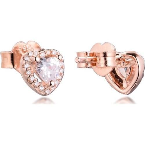 Rose Sparkling Elevated Hearts Stud Earrings 2020 Winter Gift Rose Gold Color Jewelry Earrings For Woman Party Jewelry Making