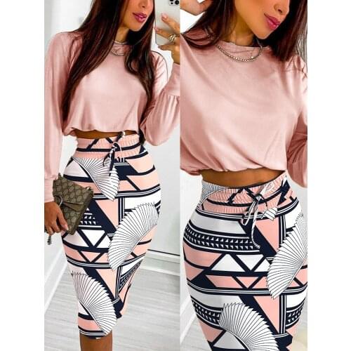 Shein Romwe 2021 Spring and Autumn New Houndstooth Print Long Sleeve Top & Drawstring Skirt Suits Casual Female Chic Sets