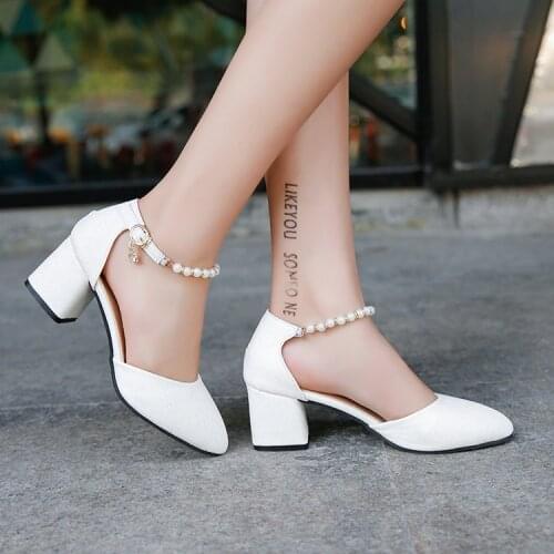 Korean Elegant Square Heel Womens Shoes Fashion Wild String Beaded High Heels Sweet Comfort Single Shoes Party Dress Pumps