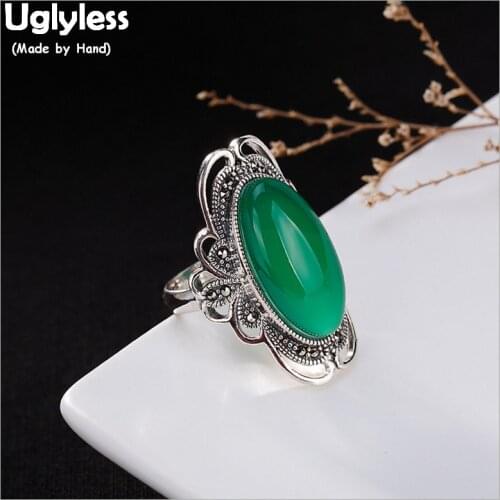 Uglyless 100% Real Solid 925 Sterling Silver Women Multi Colors Oval Chalcedony Rings Thai Silver Exotic Open Ring Vintage Jewel