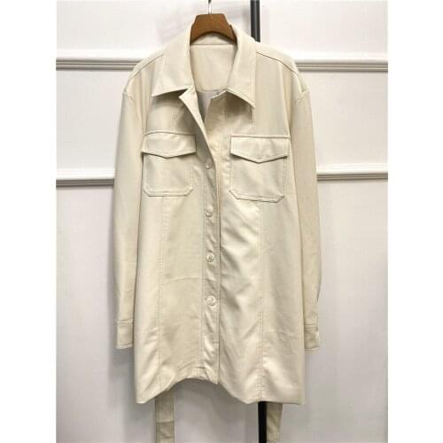 Women Single Breasted Coat Simple Imitation Leather Pockets Sashes Lace-up Female Jacket