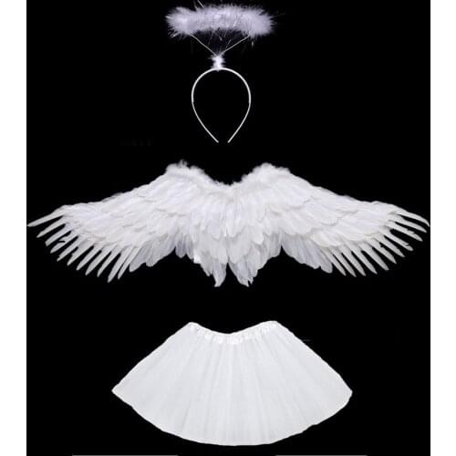 White Black Women Girl Angel Feather Wing Tutu Skirt Halo Ring Party Birthday Gift Carnival Wedding Costume Halloween Christmas