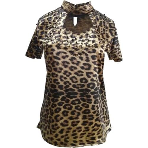 Plus size 3XL Sexy short Sleeve Stand Collar Gemstones Leopard Print Satin shirts Women Hollow Out Leopard blouse Satin Tops