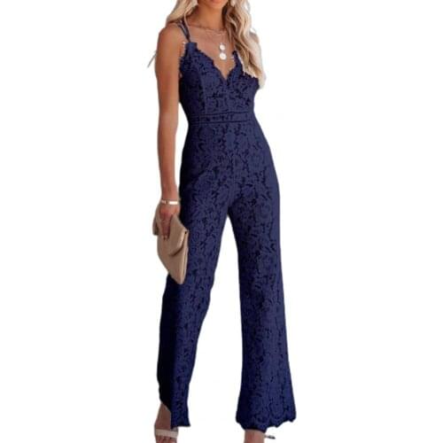 2021 Stylish Women Jumpsuit Lace Spaghetti Straps Elegant Solid Color V Neck Sleeveless Romper for Summer Daily Wear