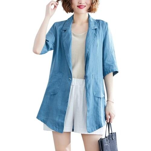 Cotton linen thin women tailored coat 2020 summer new turn-down collar loose pocket slim office lady elegant blazer outwear coat
