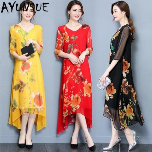AYUNSUE 2020 Silk Summer Dress Floral Plus Size Dress Elegant Casual Dresses for Women Midi Spring V Neck Vestidos Pph115