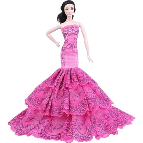 1/6 BJD Clothes Fashion Hot Pink Princess Lace Mermaid Dress for Barbie Doll Clothes Off-Shoulder Fishtail Gown Dolls Accessory