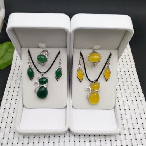 Chutelo kitten S925 silver mosaic yellow green suit female necklace pendant earrings ring jewelry ornaments gift