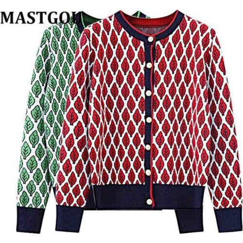 MASTGOU Noble Jacquard Knit Women Cardigan Sweater Embroidery Leaf Soft Female Jumper Autumn Winter Ladies Jacket Coat Y2K Cloth