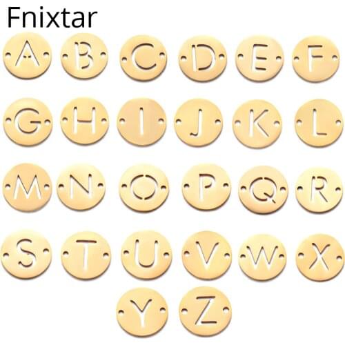 Fnixtar 12mm Stainless Steel Two Holes Connector DIY Jewelry Letter Mini Charms Polish A-Z Alphabet Charm With Inner 26pcs/lot