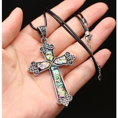 Hot Sale Natural Sea Shell Abalone Pendant Necklace Vintage Christian Stainless Steel Cross Amulet Necklace Jewelry Gifts