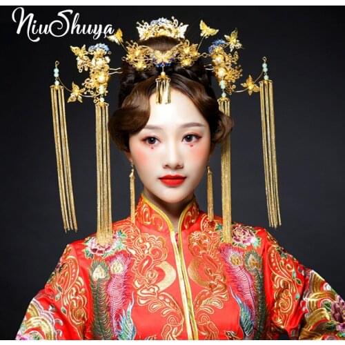 NiuShuya Chinese Wedding Bride Gold Metal Headband Costume Headdress Earring Set Wedding Bridal Hair Comb Hairclips Accessories