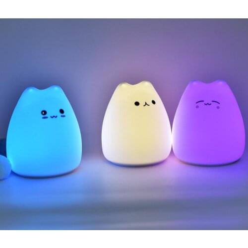 Adorable Cat LED Night Light Colorful Cute Cartoon Cat Silicone Bedside Lamp Multicolor Changing Children Bedroom Night Lights