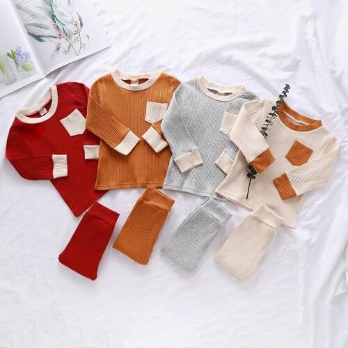 2020 Autumn Toddler Baby Boys Girls Suits Cotton Knitted Newborn Kids Long Sleeve Pocket T-shirts Tops+Pants Leggings Tracksuits