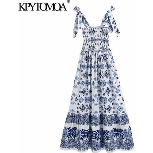KPYTOMOA Women 2021 Fashion Totem Print Smocked Elastic Midi Dress Vintage Sleeveless Bow Tied Wide Straps Female Dresses Mujer