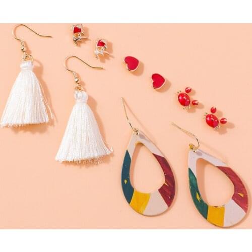 Pri Jin Jewelry New Earrings Set Simple White Tassel Graffiti Painted Earrings Heart Shape Earrings 5 Pairs Stud Dangle Earrings