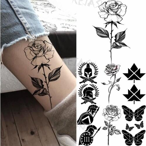 Realistic Black Rose Leaves Temporary Tattoos For Women Adult Spartan Butterfly Maple Leaf Fake Tattoo Body Art Washable Tatoos