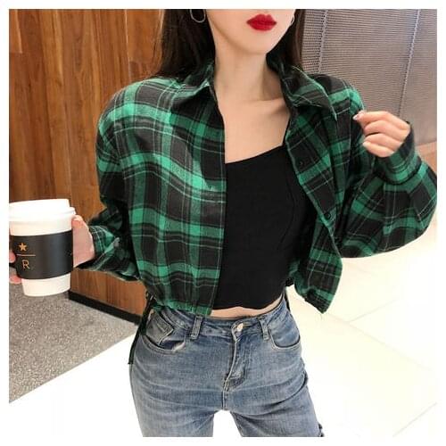 Womens Plaid Shirt Spring Autumn Turn-down Collar Long Sleeve Casual Side Drawstring Sexy Short Cotton Shirt Blouse Tops G1291