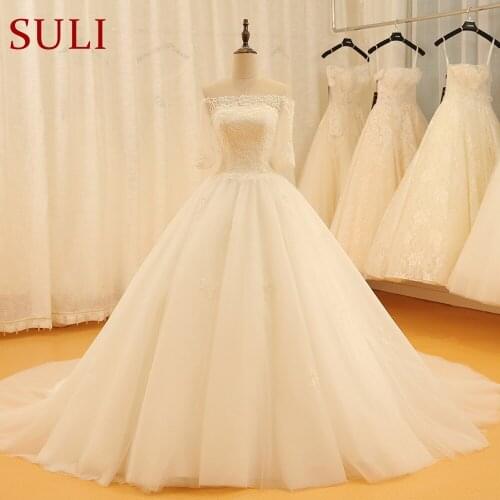 SL-520 Cheap Vintage Boat Neck Illusion Half Sleeve Applique Wedding Dress 2018