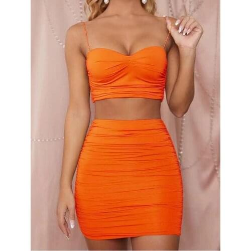Conjuntos Sexy Two Piece Set Women Summer Dress Nightclub Rave Outfits Halter Corset Top Bodycon Pleated Mini Skirt Pink Orange